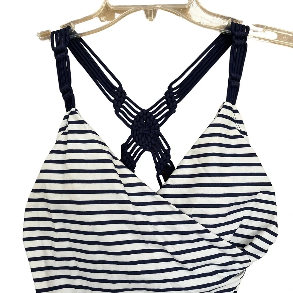 Kona Sol Bathing Suit Womens Medium Blue White Stripe 1 Pc Macrame Pool Vacation